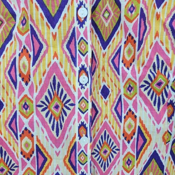 Chico's Top Blouse NO-IRON Ikat Linen Button-Back Shirt Size 2 Pink Southwestern - Picture 4 of 11